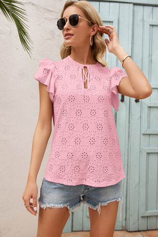 Eyelet Design Flutter Sleeve Top - Pink
