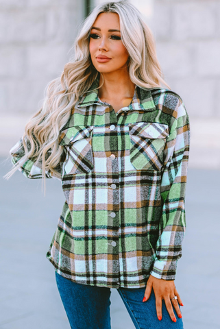 Flannel Plaid Shacket with Pockets - Green