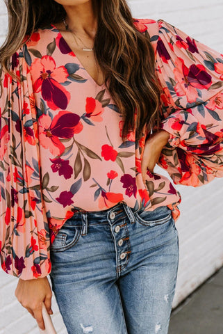 Pink Floral Long Sleeve Pullover Blouse