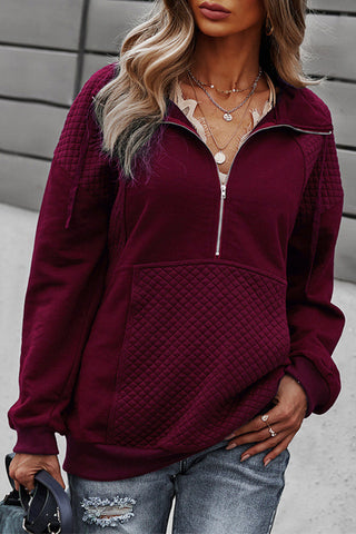 Quilted Zip Up Pullover - Burgundy