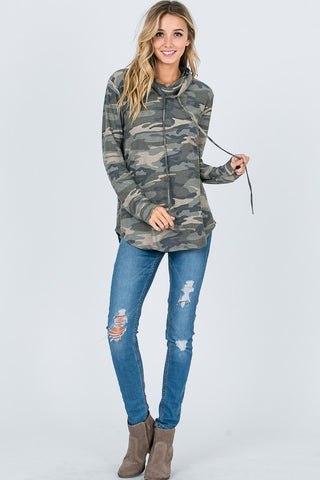 Camo Cowl Neck Top - Olive