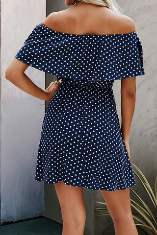 Polka Dot Off Shoulder Dress - Navy
