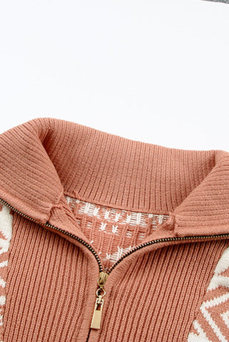 Aztec Zip Up Sweater - Pink