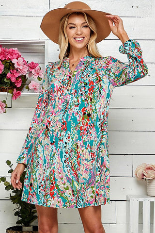 Floral Watercolors Shift Dress - Aqua