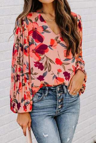 Pink Floral Long Sleeve Pullover Blouse