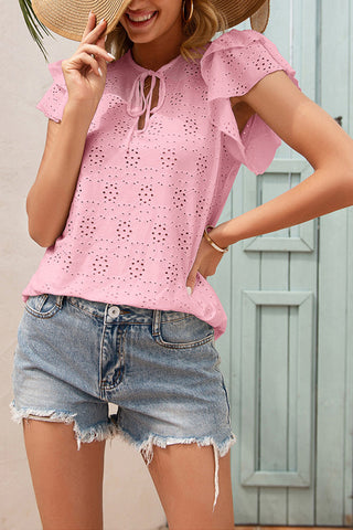 Eyelet Design Flutter Sleeve Top - Pink