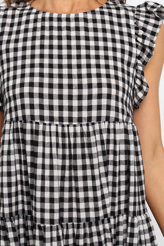 Gingham Ruffle Sleeve Dress - Black