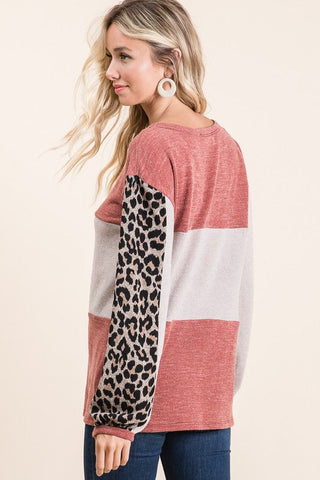Leopard Sleeve Sweater Knit Top - Rust