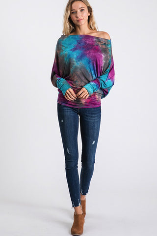 Tie Dye Dolman Top - Aqua and Plum