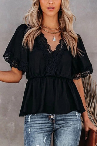 Short Sleeve Elastic Waist Top - Black