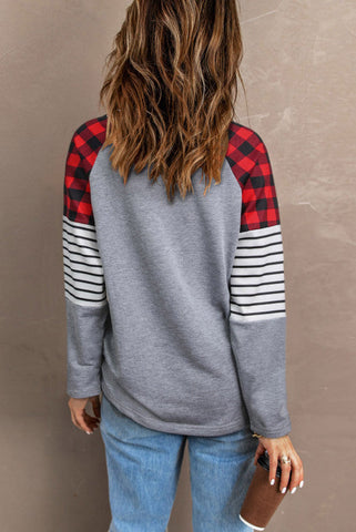 Light Gray Buffalo Plaid and Striped Top - Red