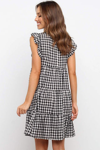 Gingham Ruffle Sleeve Dress - Black