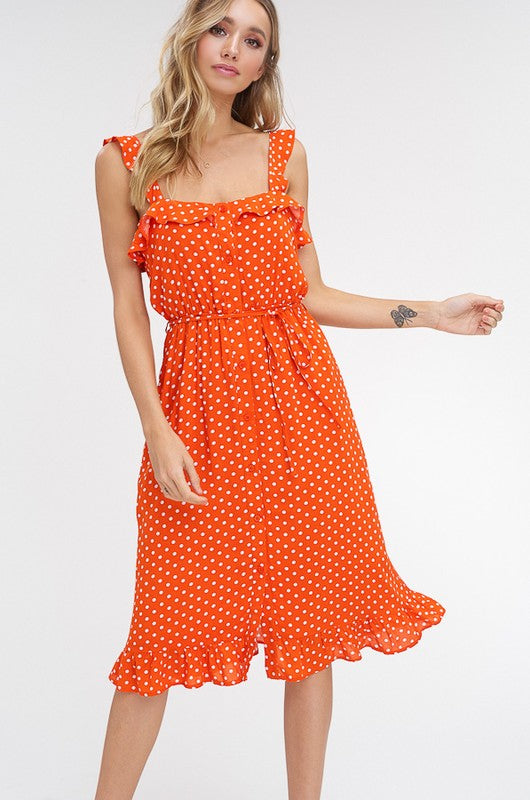 orange polka dot dress Burt or sneakers for a versatile boutique Copper Polka Dot Ruffle Maxi