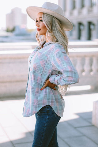 Plaid Button Up Top - Pink and Blue