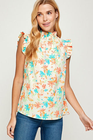 Ruffle Sleeveless Floral Top - Off White