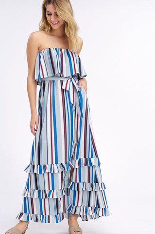 South of the Border Strapless Striped Maxi Dress - Gray Mix