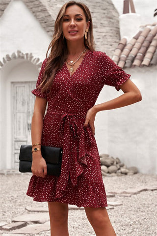Ruffle Dotted Wrap Dress - Red