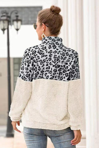 Leopard Print Pullover Fleece - Gray and White