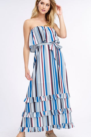 South of the Border Strapless Striped Maxi Dress - Gray Mix