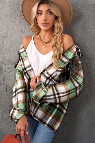 Flannel Plaid Shacket with Pockets - Green