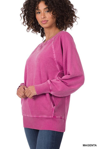 Crew Neck Sweatshirt with Pockets - Magenta