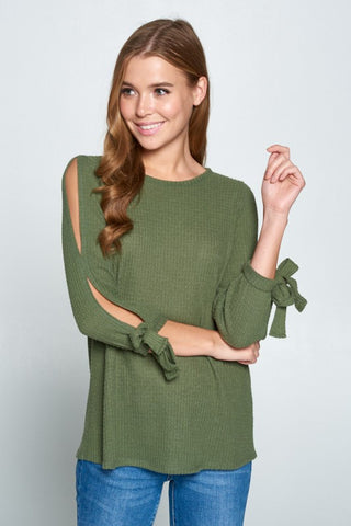 Waffle Weave Tie Sleeve Top - Olive