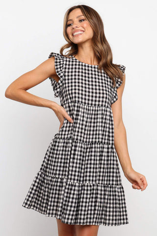 Gingham Ruffle Sleeve Dress - Black