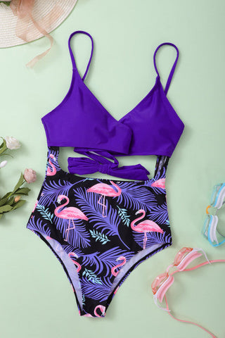 Cross Wrap One Piece Swimsuit - Purple Flamingo