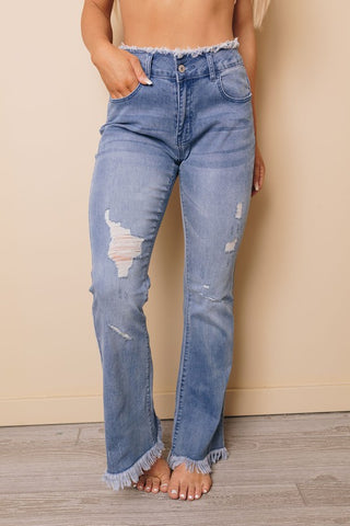 Rough Hem Flair Jeans - Light Blue