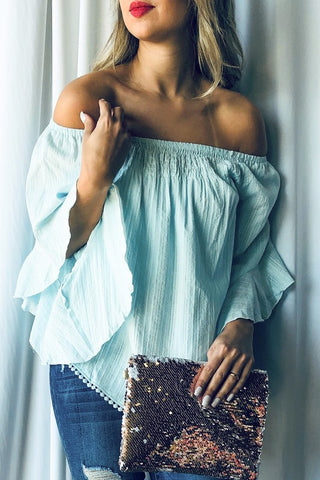 Off Shoulder Top with Pom Pom Detail - Mint