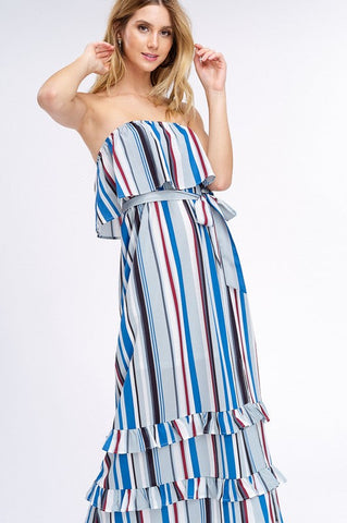 South of the Border Strapless Striped Maxi Dress - Gray Mix