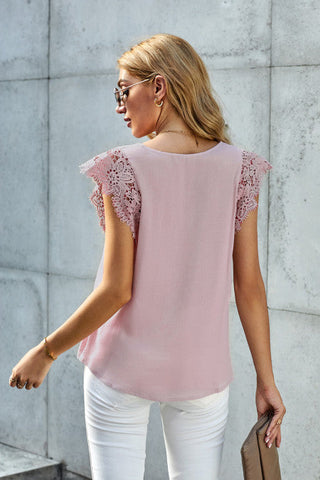 Lace Sleeve V-Neck Top - Pink