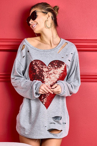 Laser Cut Sequined Heart Top - Gray
