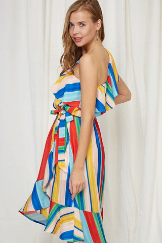 Rainbow Stripes One Shoulder Dress