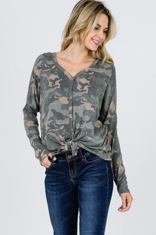 Button Up Hooded Camo Top