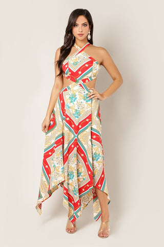 Abstract Print Maxi Dress with Cutout - Teal