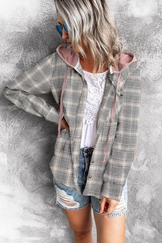 Lightweight Plaid Hooded Top - Light Pink