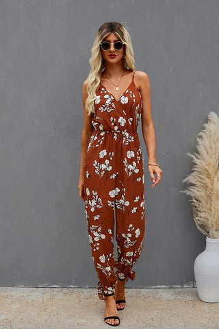 Spaghetti Strap Jumpsuit - Caramel Floral