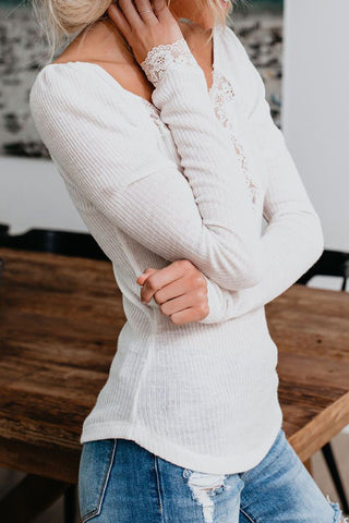 Lace Detail Henley Top - White