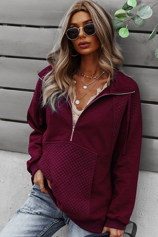 Quilted Zip Up Pullover - Burgundy