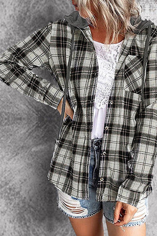 Lightweight Flannel Plaid Hooded Top - Black