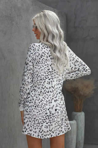 Long Sleeve Leopard Print Shift Dress with Pockets - White