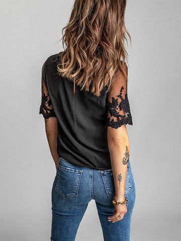 Lace Sleeve Short Sleeve Top - Black