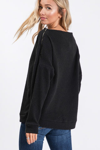 Off Shoulder Waffle Weave Top - Black