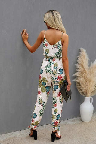 Spaghetti Strap Jumpsuit - White Floral