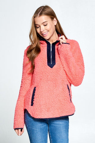 Sherpa Pullover with Zipper - Hot Pink and Navy