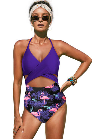 Cross Wrap One Piece Swimsuit - Purple Flamingo