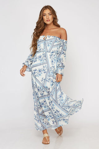 Off Shoulder Blue Floral Maxi Dress