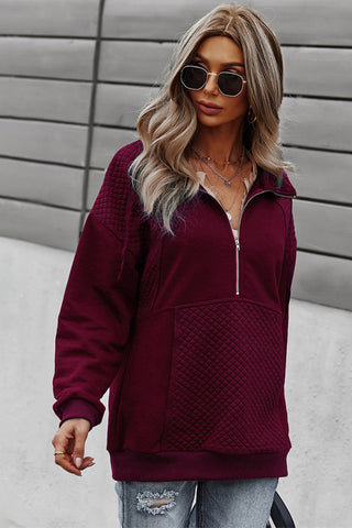 Quilted Zip Up Pullover - Burgundy