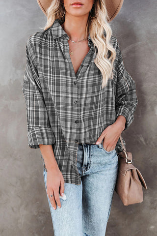 Relaxed Fit Plaid Button Up Top - Gray